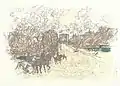 Dessinés d'un trait rapide, cavaliers au premier plan d'une avenue bordée d'arbres menant vers un monument, sous un ciel nuageux.