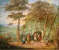 Voyageurs dans une carriole sur un chemin forestier