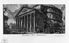 gravure montrant la colonnade et le fronton devant la rotonde