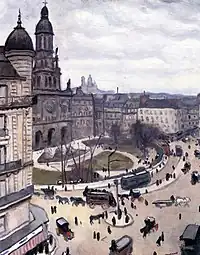 Peinture représentant des quais mouillés avec quelques passants, un pont et un cathédrale sur la droite derrière des arbres
