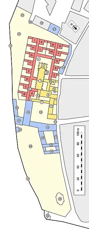 Plan d'une chartreuse comptant dix-neuf cellules de pères.