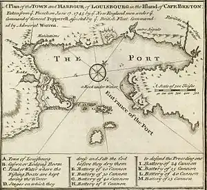 Plan en anglais du siège de 1745. L'attaque a été montée depuis la Nouvelle-Angleterre avec le soutien de la Royal Navy.