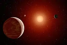 Représentation d'artiste de Gliese 163 c (à gauche).