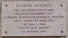 Plaque d'Eugène Ionesco au no&nbsp;80.