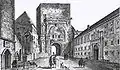 Gravure de la porte Noire avant 1825 ; la porte a perdu une partie du bastion qui l'écrasait, mais reste prisonnière des adjonctions médiévales.