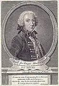 Portrait en noir et blanc du visage d’un homme portant perruque.