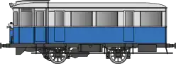 Autorail parallélépipédique avec un bas de caisse bleu  et un haut de caisse gris.
