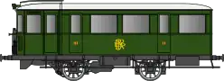 Autorail parallélépipédique avec une caisse vert foncé.