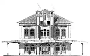 Gare de Nordstemmen&nbsp;(de), bâtiment sud de la gare destiné au roi, dessin de C. W. Hase, 1853