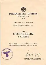 Exemple de document (daté du 14 février 1945) officialisant l'attribution d'une croix de fer de 1re&nbsp;classe.