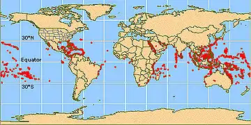 Carte mondiale de répartition des récifs de corail photosynthétique.