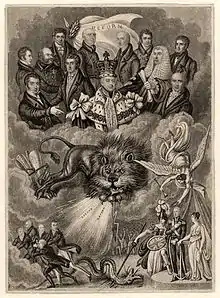 Gravure montrant de nombreux personnages et un lion fulminant.