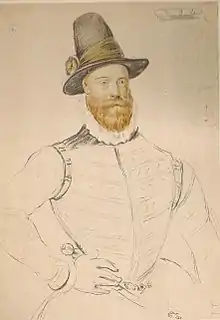 Buste d’un homme barbu en costume du XVIe siècle, de face. Seuls, le visage et le haut chapeau sont finalisés et mis en couleur. Le buste est esquissé.