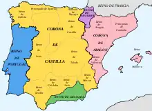 Le royaume de Navarre et ses voisins en 1480 (règne de François Phébus). La Castille et l'Aragon vont bientôt s'unir et conquérir Grenade. La Navarre va se retrouver prise en étau entre la France et l'Espagne.