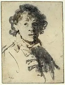 Dessin à l'encre grise sur un papier jaunâtre. Un homme regarde le spectateur avec un air surpris, la bouche ouverte.