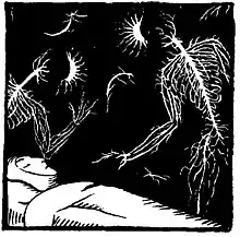 dessin en noir et blanc d'un homme alité entouré de deux silhouettes.