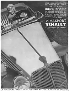 Publicité utilisant l'image et la renommée de l'aviatrice Hélène Boucher : "Pour connaître les joies de la vitesse sur la route, Hélène Boucher, la célèbre aviatrice, la plus rapide du monde, ne pouvait choisir que la sportive et fougueuse 6 cylindres Vivasport Renault".