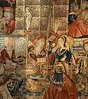 La nef de table en tapisserie de Tournais tiré de Repas de banquet, XVe siècle.