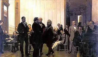 Tableau représentant entre 20 et 30 hommes debout ou assis dans une salle très éclairée.