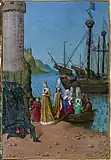 Jean Fouquet, Isabelle de France débarque à Harwich, miniature des Grandes Chroniques de France (1455-1460), Paris, BnF.