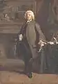 Portait en pied. Personnage en costume XVIIIe : perruque blanche, culotte noire, redingote marron, devant une cheminée, main droite glissée dans le gilet, main gauche tenant une lettre appuyée sur une table avec une écritoire