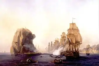 La flotte française commandée par Cosmao-Kerjulien attaquant le rocher du Diamant, collections de la Ville de Châteaulin.