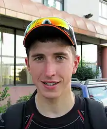 Romain Hardy, à Saint-Maurice-de-Beynost, au soir de la 2e&nbsp;étape qui l'a vu endosser le maillot vert (Tour de l'Ain 2011).
