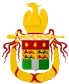 blason incorporant un drapeau vert et blanc ceint par une couronne jaune et des rubans rouges et surmonté par un aigle