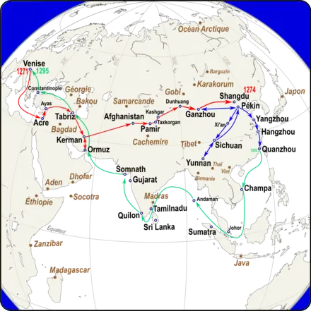Itinéraires de Marco Polo (clic pour carte entière).En rouge, aller (1271-1294). – En bleu, missions en Chine (1275-1290). – En vert, retour (1292-1295). – En brun, lieux cités hors itinéraire certain.
