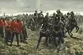 Deuxième guerre anglo-afghane. Avant la bataille de Maiwand (écrasante victoire afghane, le 27 juillet 1880), l'artillerie montée (uniforme noir) passe devant le 66e&nbsp;régiment d'infanterie du Berkshire (vareuse rouge, casque blanc). L'artiste a su rendre les visages tendus et poussiéreux des soldats. De part et d'autre de l'officier tenant son épée, les troupiers ont posé au sol la crosse de leur fusil Martini-Henry, facilement reconnaissable à son levier de sous-garde et à l'absence de chien.