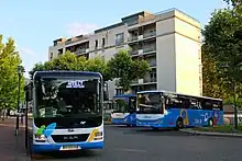 Photographie en couleurs de trois cars devant un immeuble résidentiel, deux du réseau de Rumilly en arrière-plan et un du réseau d’Annecy au premier plan.