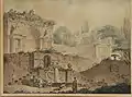 D'après:&nbsp; Hubert ROBERT, 1733 - 1808, Sachetorum Villae rudera imitabatur / Vue animée de la villa Sachetti en ruines, 1778, Aquatinte sur traits gravés, 38 × 50 cm. Collection privée, Paris