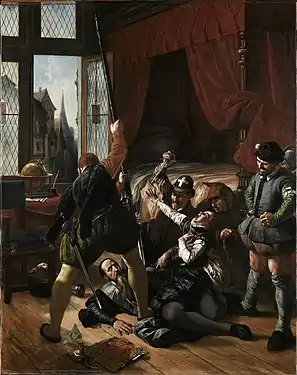 Scène de la Saint-Barthélemy, assassinat de Briou, gouverneur du Prince de Conti, 24 août 1572, Joseph Nicolas Robert-Fleury, XIXe siècle (Paris, musée du Louvre).