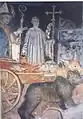 Saint Arige porté en terre, peinture murale de l’église d’Auron datant de la première moitié du XVe&nbsp;siècle.