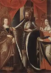 Saint Goëry et ses filles sur un tableau de 1725 conservé à la basilique Saint-Maurice.