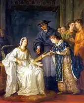 Tableau montrant plusieurs personnes, dont un enfant remettant un objet à une femme assise.