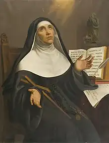 Peinture en couleurs d'une religieuse en prière.