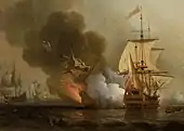 Samuel Scott, Action au large de Carthagène, 28 mai 1708, milieu du XVIIIe&nbsp;siècle, huile sur toile, 86,3&nbsp;×&nbsp;124,4&nbsp;cm, Londres, National Maritime Museum, BHC0348