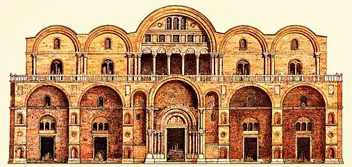 La basilique après la reconstruction de 976 - 1094, sans les ajouts du XIIIe&nbsp;siècle qui virent l’addition de nombreux spolia.