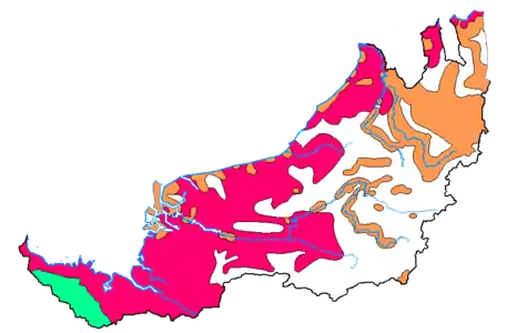 Distribution géographies des familles de langues utilisées au Sarawak : Langues malaïquesLangues bornéo du NordLangues dayak des terresZones avec plusieurs familles de langues