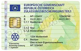 Recto du certificat d'immatriculation autrichien Partie I au format carte de crédit