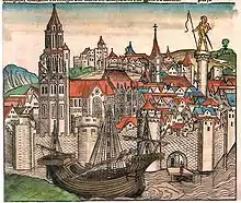 Illustration représentant Paris au XVe siècle. Divers édifices religieux peuvent être aperçus, ainsi que des remparts au bord de la Seine sur laquelle se trouve une caravelle.