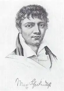 Gravure noire et blanc d'un jeune homme aux cheveux noirs et bouclés