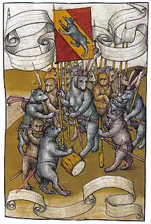 Les ours de Berne prennent les armes pour défendre la ville dans la Chronique de Spiez de Diebold Schilling, au XVe&nbsp;siècle.