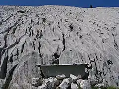 Vue sur un abreuvoir (ancienne baignoire) recueillant l'eau des lapiaz.