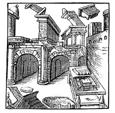 Scripta manent (« les écrits restent », comme le montrent les livres devant ces ruines romaines), un emblème de Geoffrey Whitney (en) (1586).