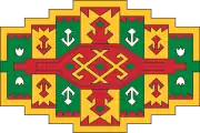 Dessin géométrique à symétries horizontale et verticale aux couleurs rouge, verte et jaune.