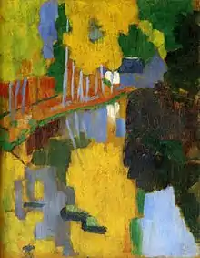 Petit tableau formé de grosses taches de couleurs plus ou moins vives suggérant un cours d'eau devant une rive plantée d'arbres avec une maisonnette.