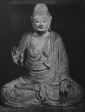 Shaka Nyorai assis, v. 850-900. Cyprès peint. H. 105&nbsp;cm. Murō-ji. Nara.