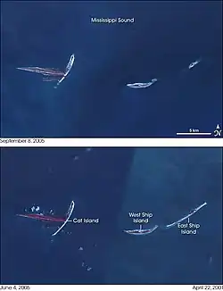 Ship Island (à droite) avant (avril 2001) et après (septembre 2005) l'ouragan Katrina.